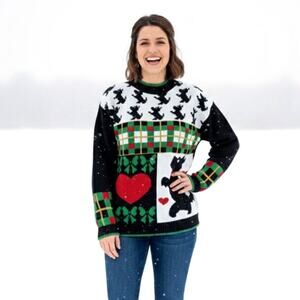 Vintage 80s Scottie Dog Christmas Sweater Tartan Plaid Black Retro Grandmacore